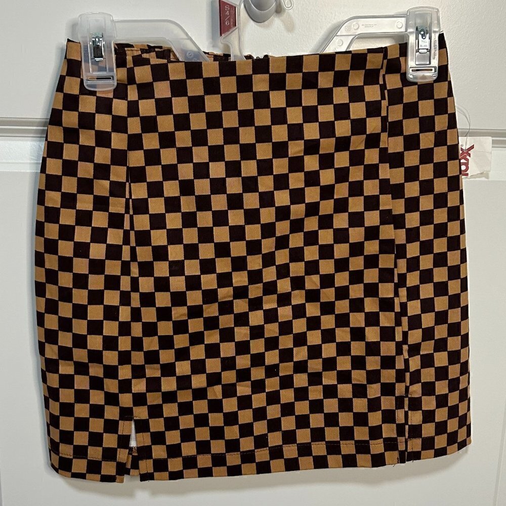 Brown and Beige Checkered Mini Skirt Size 3 NWT